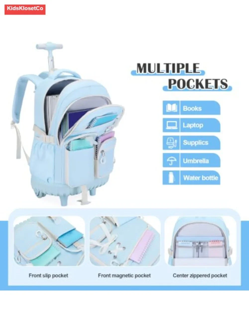 Rolling Backpack for Girls with Lunch Bag & Pencil Case – School Travel Wheeled